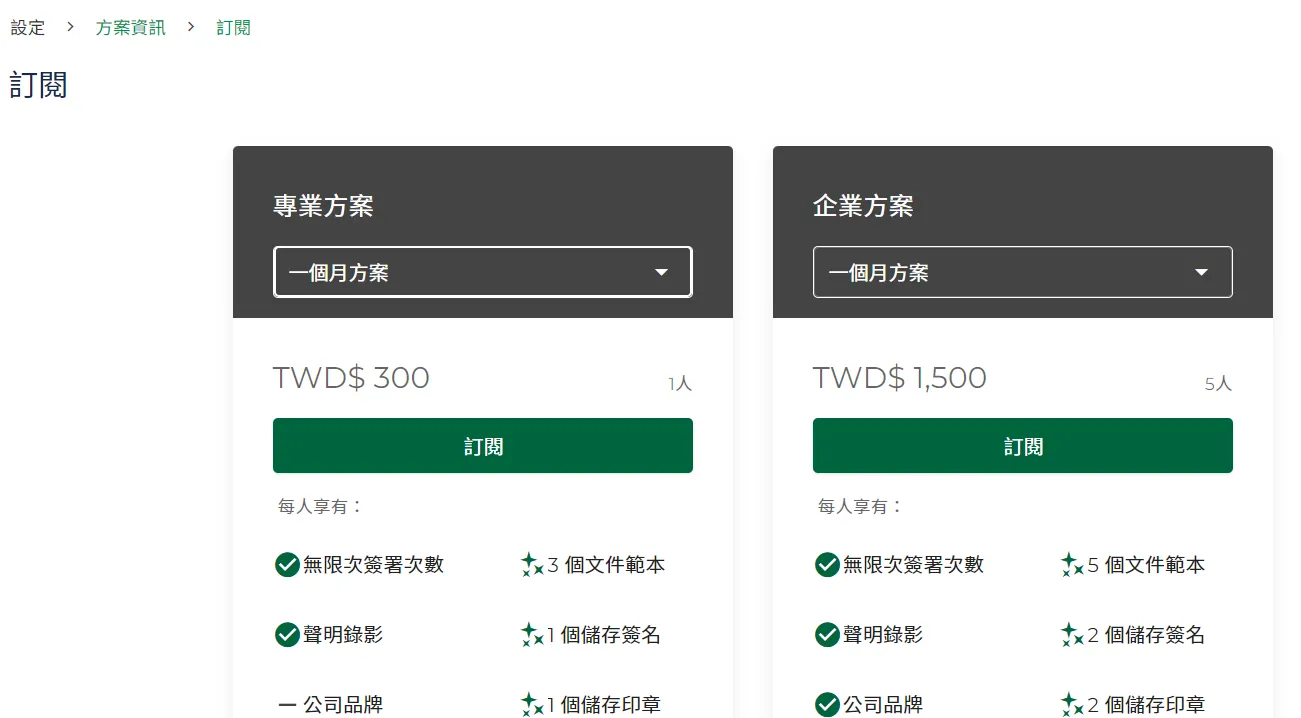 查看目前訂閱的方案